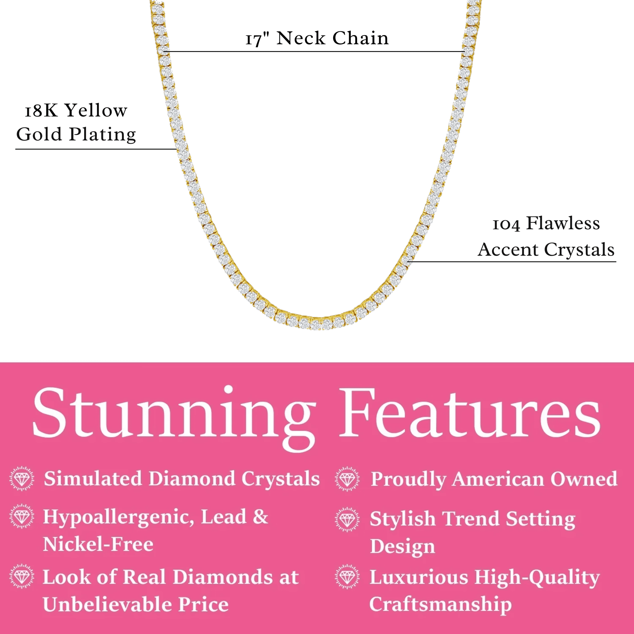 Cate & Chloe Olivia 18k Yellow Gold Plated Tennis Necklace with Simulated Diamond Crystals for Women