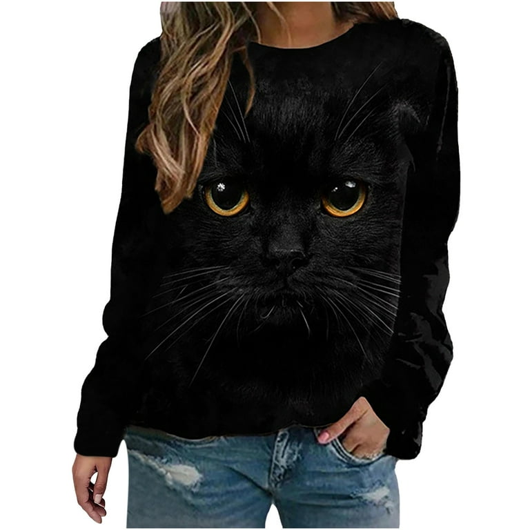 トップス CAT PRINTED TEE(BLACK, 38) T-shirt with 3D Black & White Cat | Perfect for Cat Lovers