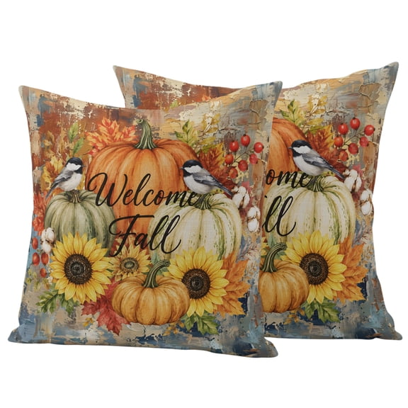 Welcome Fall Outdoor Pillow Covers 16x16 Set of 2, Waterproof Patio Throw Pillowcase Protectors, Vintage Sunflower Thanksgiving Pumpkins Square Decorative Pillow Shams Cushion Covers for Seat Couch