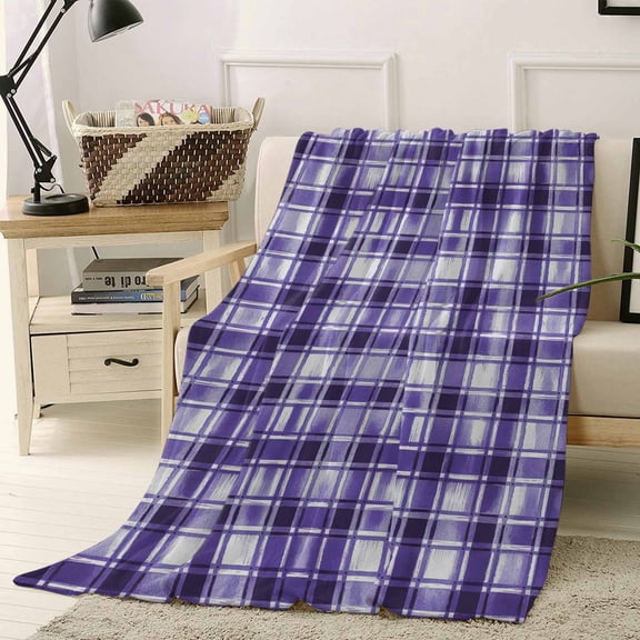 Fleece Blanket Modern Purple Checkered Blankets, Soft Cozy Warm Flannel Throw Blanket, Minimalist Style Buffalo Plaid Blanket for Bed Couch Sofa,40x50In