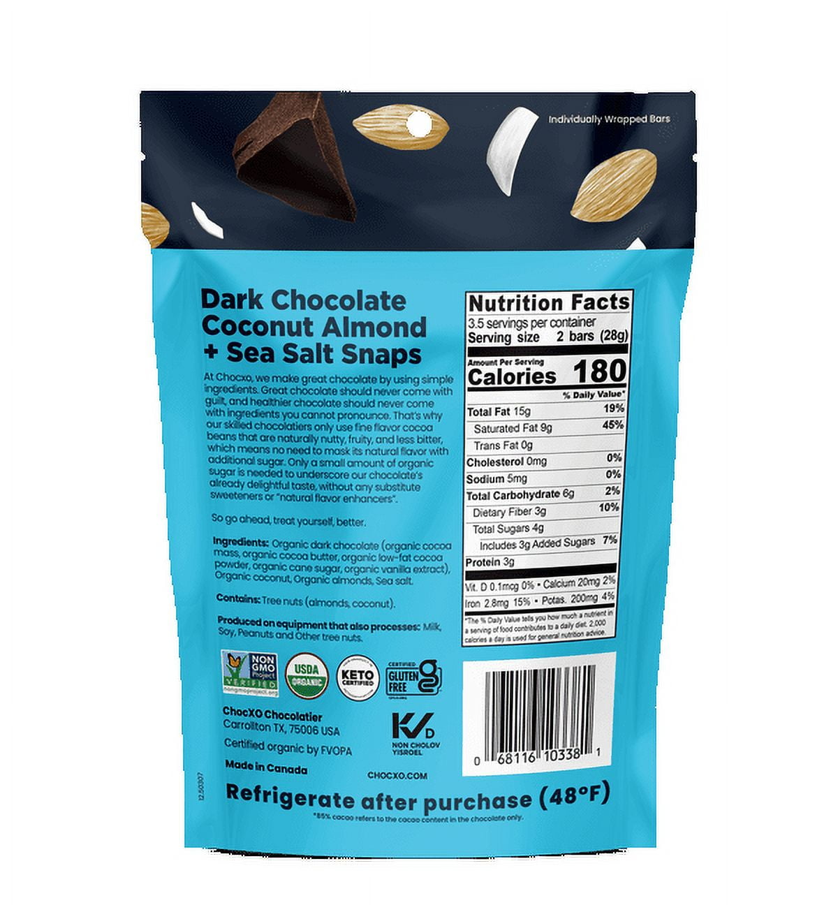 (Pack of 6) ChocXO Dark Chocolate Coconut Almond & Sea Salt Snaps , 3.45 oz