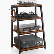 Huxidaja 4-Tier AV Media Stand, Heavy Duty Wood and Metal Audio Stereo Rack with 2 Hooks for Record Player and Game Console, 32" H