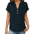 thumbnail image 6 of CYMMPU Women's Summer Solid Color Cotton Linen Button Front Blouse, Casual Loose Lightweight Short Sleeve Top Navy XXL, 6 of 7