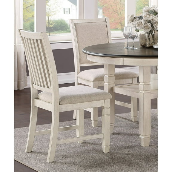 Newboti Furniture Antique White Finish Wooden Side Chairs 2pcs Set Textured Fabric Upholstered Dining Chairs 03421