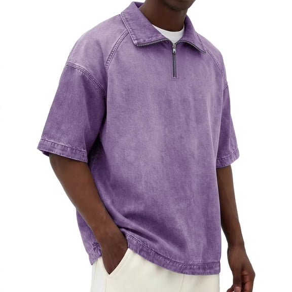 CIENVNSTG Men's Zipper Raglan Collar Short-Sleeved Distressed Crewneck Casual Tops Quarter Zip Shirts Trendy Spring 2026 Purple XL