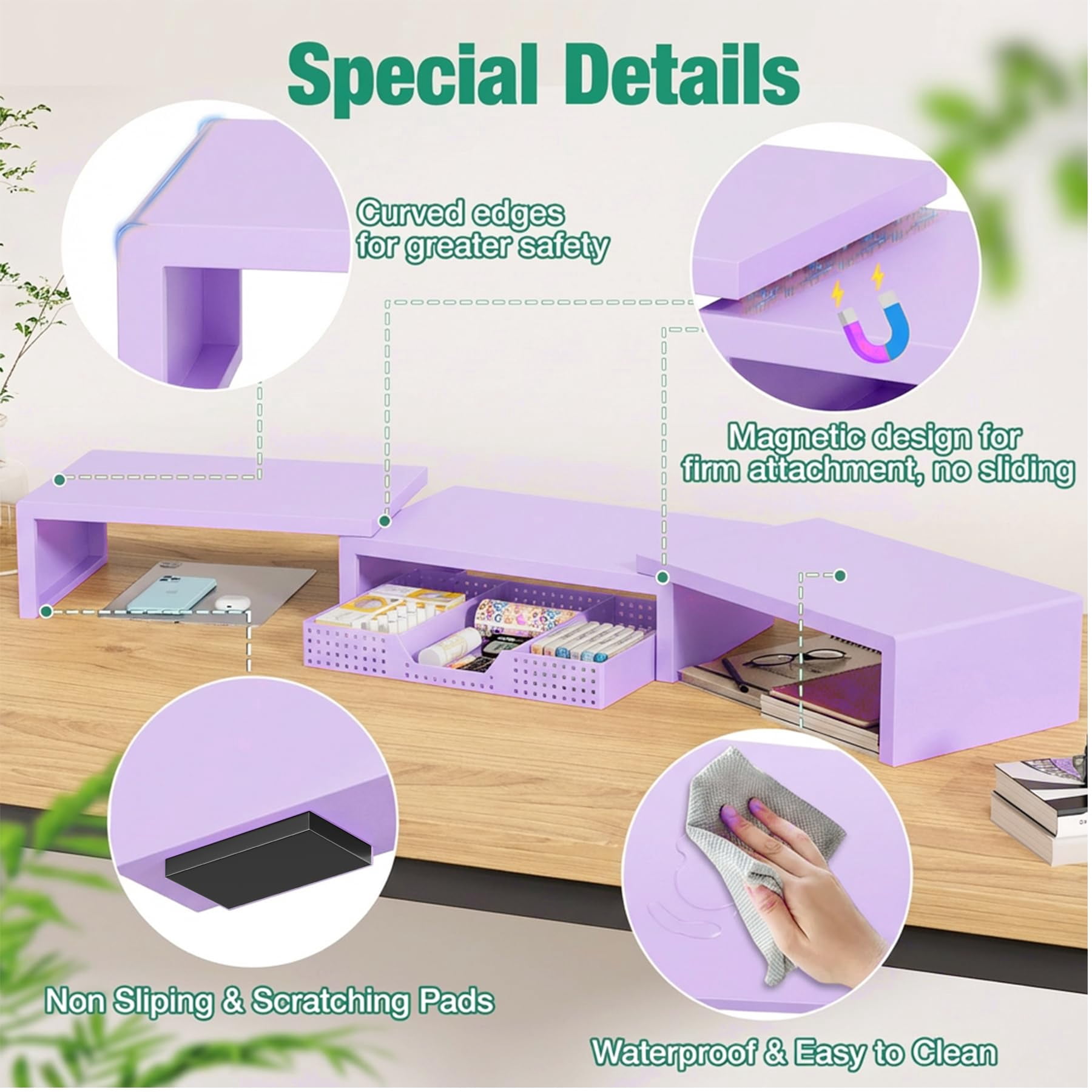 Dual Computer Monitor Stand Riser With Drawer  Workspace Desk Organizer Office Supplies Accessories For Women Purple