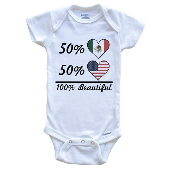 50% Mexican 50% American 100% Beautiful Mexico Flag Heart Baby Bodysuit, 0-3 Months White