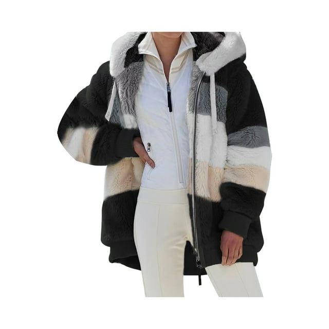 FOCUSNORM Femmes Contraste Couleur Manteau à Capuche Manches Longues Zip-up Hauts en Peluche