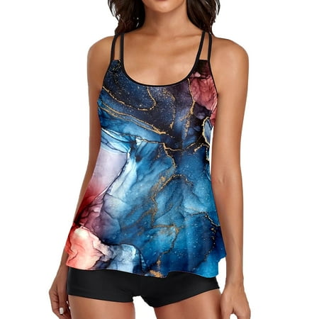 Womens Tankini Bathing Suits With Boyshorts Flowy U Neck Swim Tank Tops 2 Piece Full Coverage Modest Bathing Suit For Women Swim Suits Dark Blue XXXL