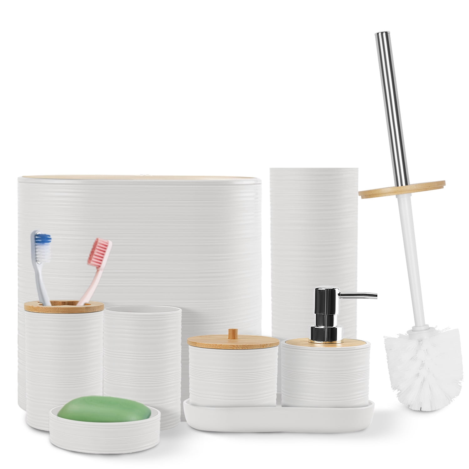 Imountek 8Pcs Bathroom Accessories Set, ABS & Bamboo White Bathroom Decor Sets with Trash Can Toilet Brush for Home Hotel Office