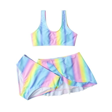 URMAGIC Girls 3 Piece Swimsuit Bathing Suit Rainbow Bikini Set with Cover Up Beach Skirt UPF 50+ Sun Protection