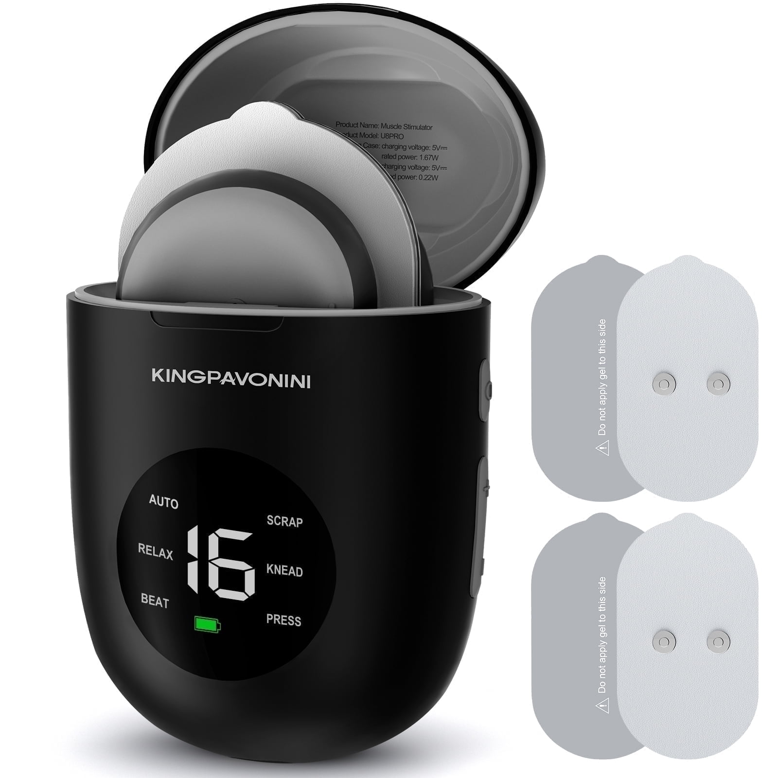 KingPavonini Wireless TENS Unit, Muscle Stimulator , Portable Rechargable TENS EMS Machine, LED Screen, Remote, Dual Channel 6 Modes 16 Intensity Massager, Charging Case (Black, 4 Pads)
