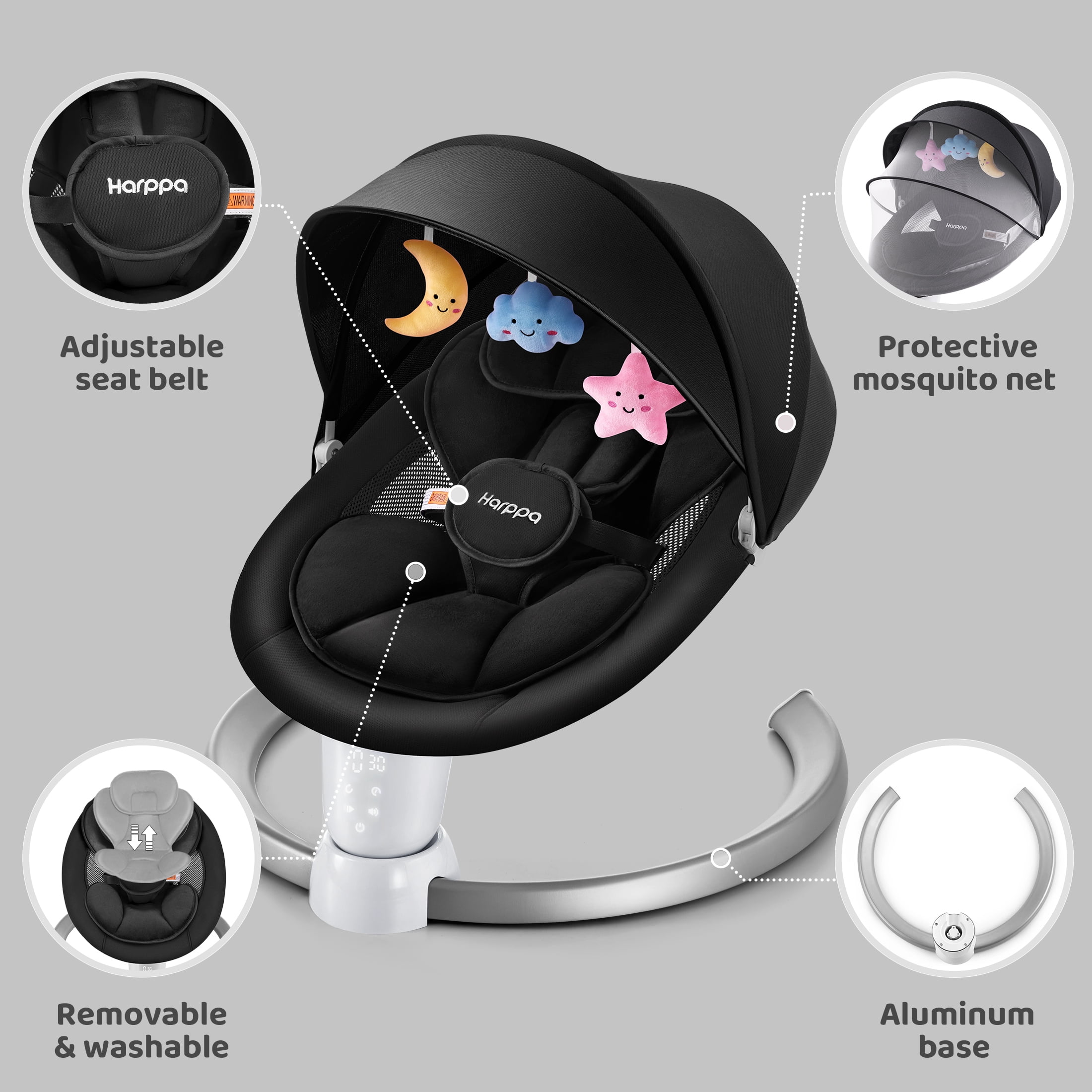 HARPPA Electric Baby Swing, Infant Swing with Remote Control, 5 Sway Speeds, Black