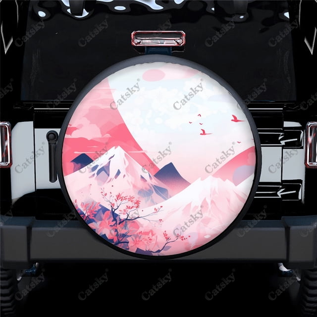 Mountain with Blossom Pattern Polyester Universal Spare Wheel Tire Cover Wheel Covers for Trailer RV SUV Truck Camper