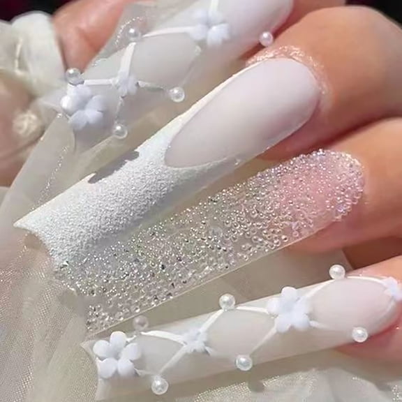 2026 Bridal Wearable Nail Stickers with Pearl Glitter, European and American Style Long False Nails for Women