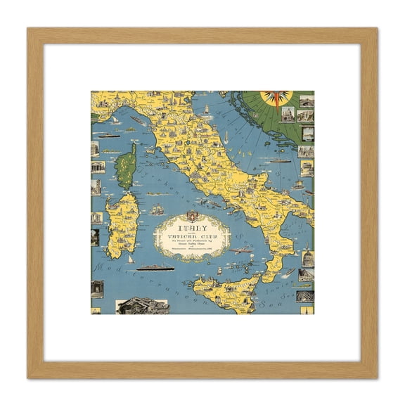 1944 Ernest Dudley Chase Map Italy With Vatican City 8X8 Inch Square Wooden Framed Wall Art Print Picture with Mount