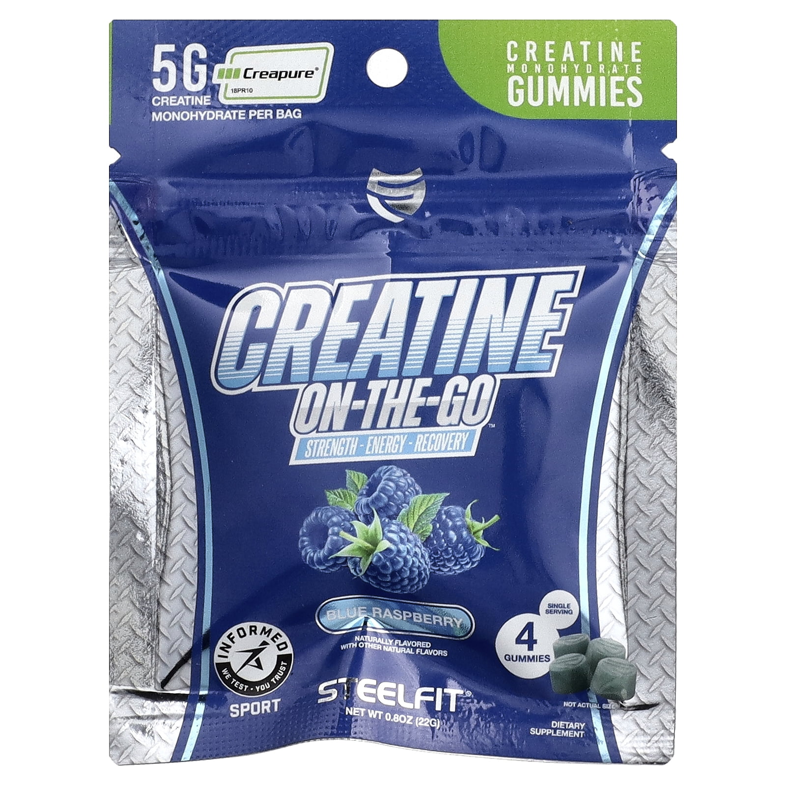 SteelFit Creatine On-The-Go™, Creatine Monohydrate Gummies, Blue Raspberry, 12 Packs, 0.8 oz (22 g) Each