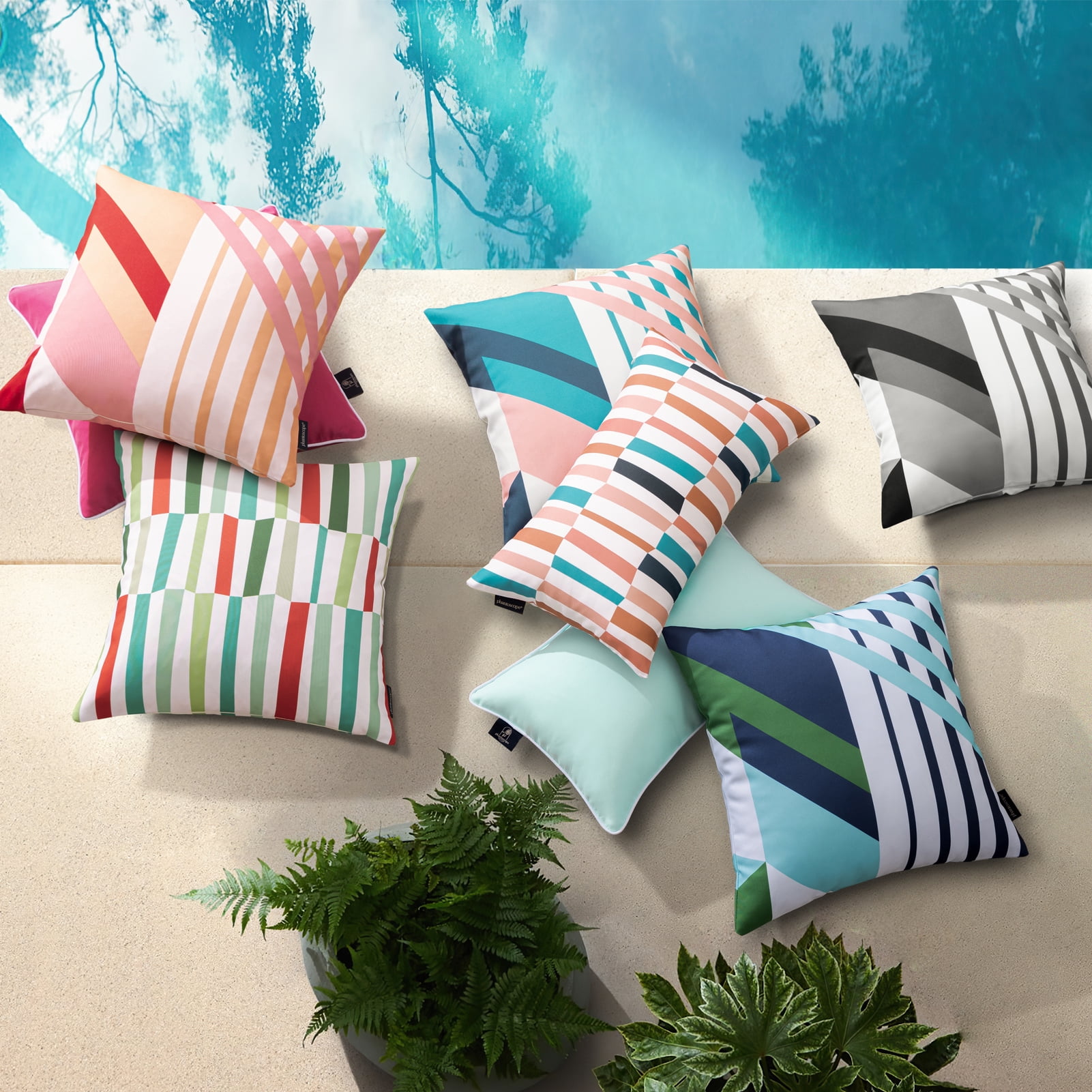 Phantoscope 2 Pack Waterproof Outdoor Decorative Throw Pillow 18x18, Geometric Color Block Patio Cushion Cases for Couch & Tent, Pink & Blue