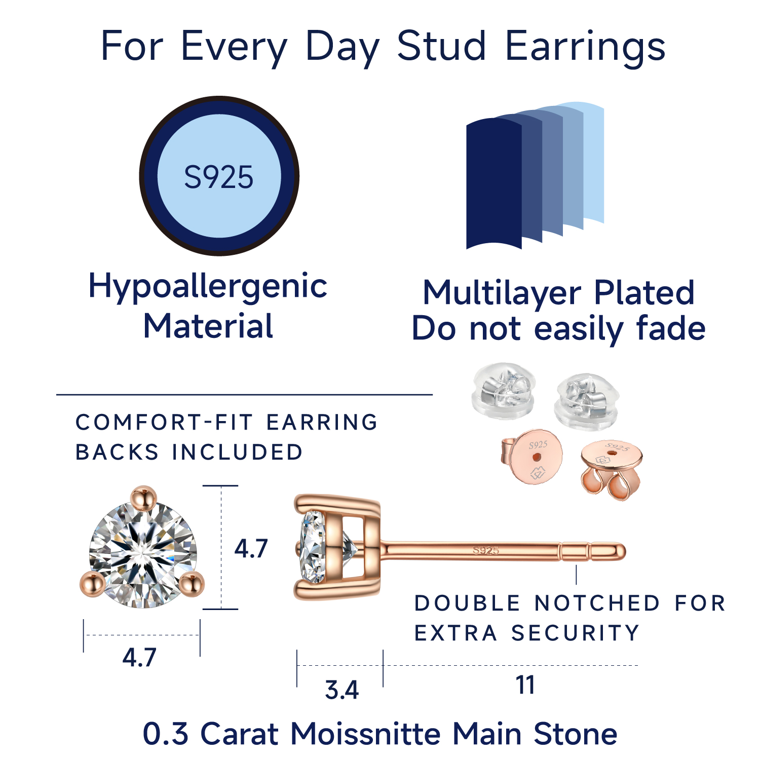 MomentWish Stud Earrings for Women, 14K Rose Gold Plated Moissanite Earrings Christmas Birthday Gift for Wife Mom Girlfriend