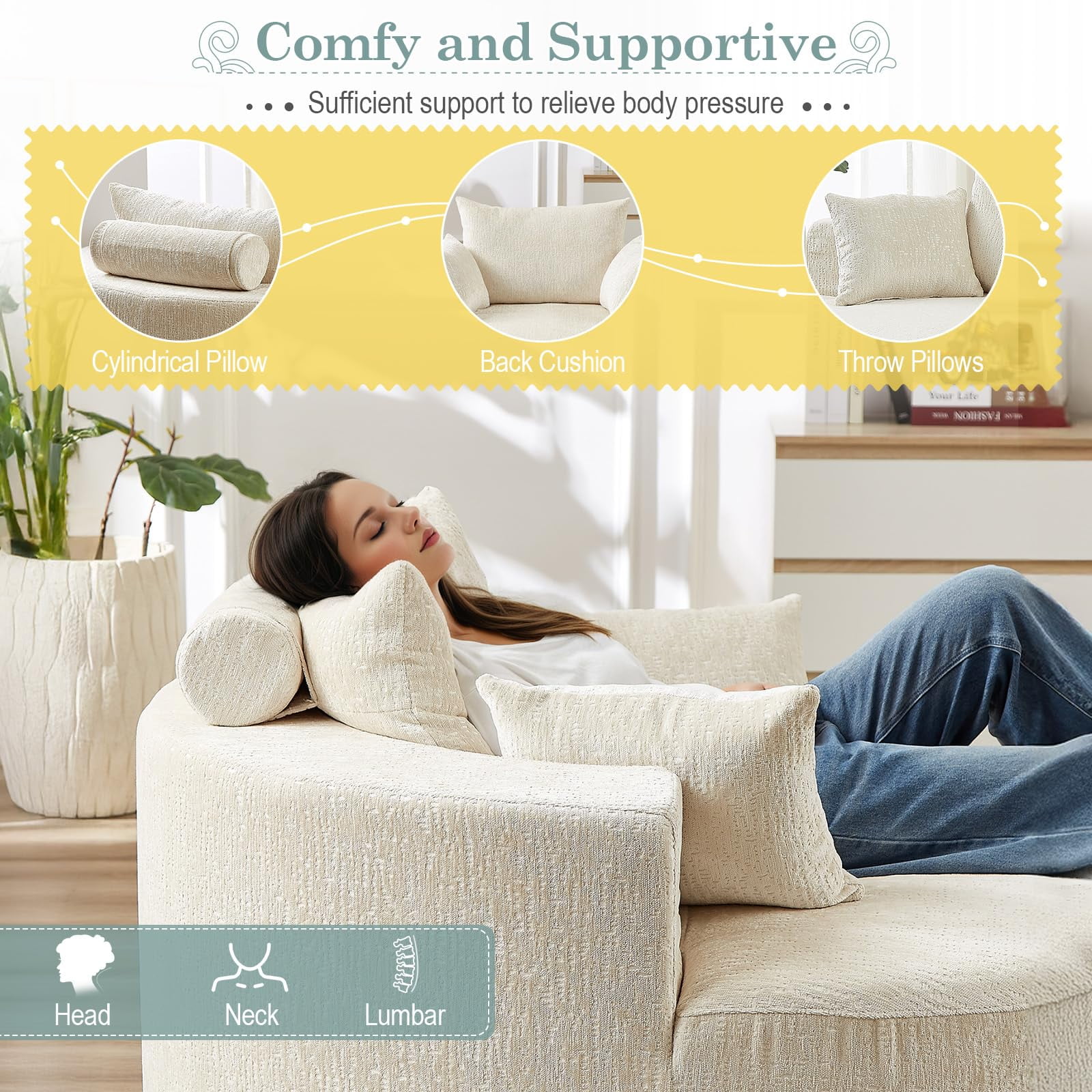 Aukfa 55" Oversized Chenille Chaise Lounge Chair Indoor, Round Boneless Sleeper Chair with Deep Seat & Pillows, Beige