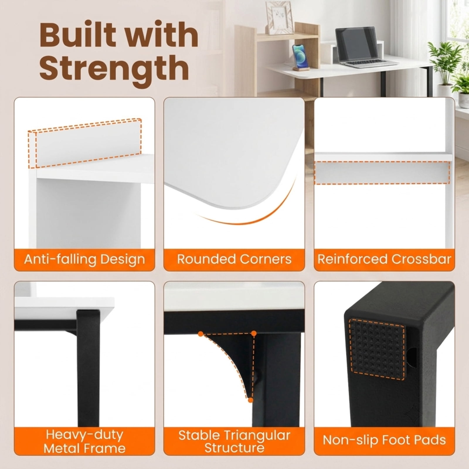 Furnibear 43.5" Computer Desk with Charging Station, Home Office Desk with Ergonomic Monitor Stand and Open Shelves for Bedroom Study, White