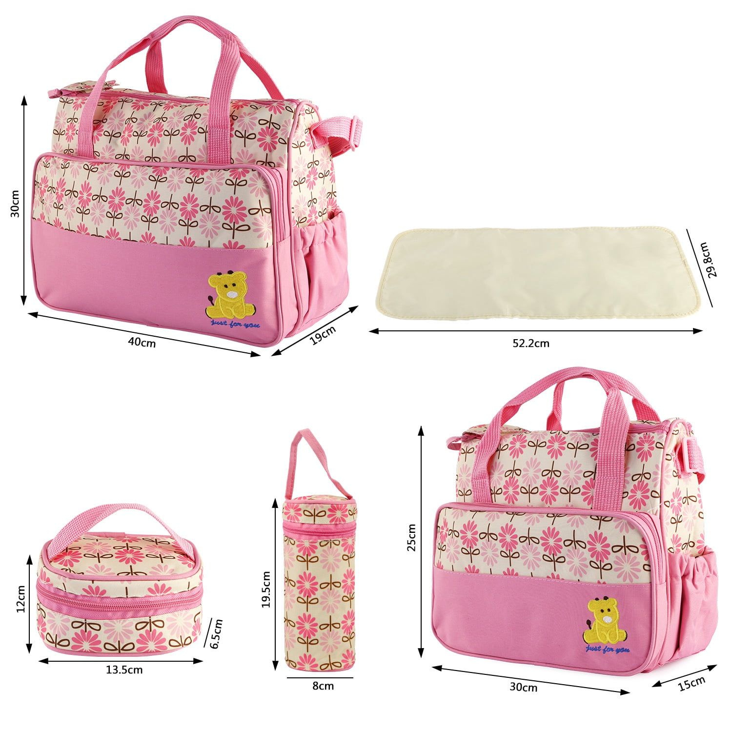 Moclever 5Pack Set Mummy Diaper Tote Bag Baby Nappy Bag Water-Resistant Stain-Resistant with Insulated Water Bottle Bag Napping, Pink
