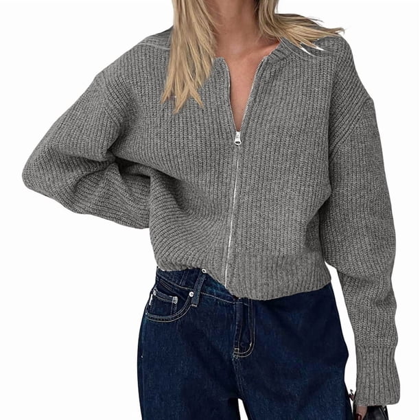 Cárdigan Holgado de Cuello Redondo, Larga, con Cremallera Frontal, para Mujer, Moderno Suéter de Punto con Cremallera, Abrigos de Otoño. Gris Oscuro XL
