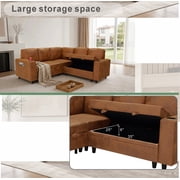LLappuil 76 x 76 Sectional Sofa, Sectional Couch with Pull Out Sofa Bed Twin Size, 4 Seat Sofa Couch with Cup Holders & Side Pocket Convertible Sofa Bed for Living Room, Foil Fabric Brown