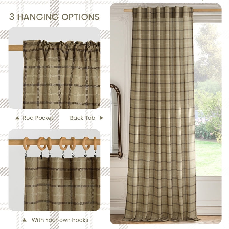 NICETOWN Check Plaid Linen Curtains for Bedroom, Semi Sheer Linen Grid Pattern Curtains Rod Pocket Back Tab Light Filtering Linen Windowpane Curtains, Linen, 52"x63", 2 Panels