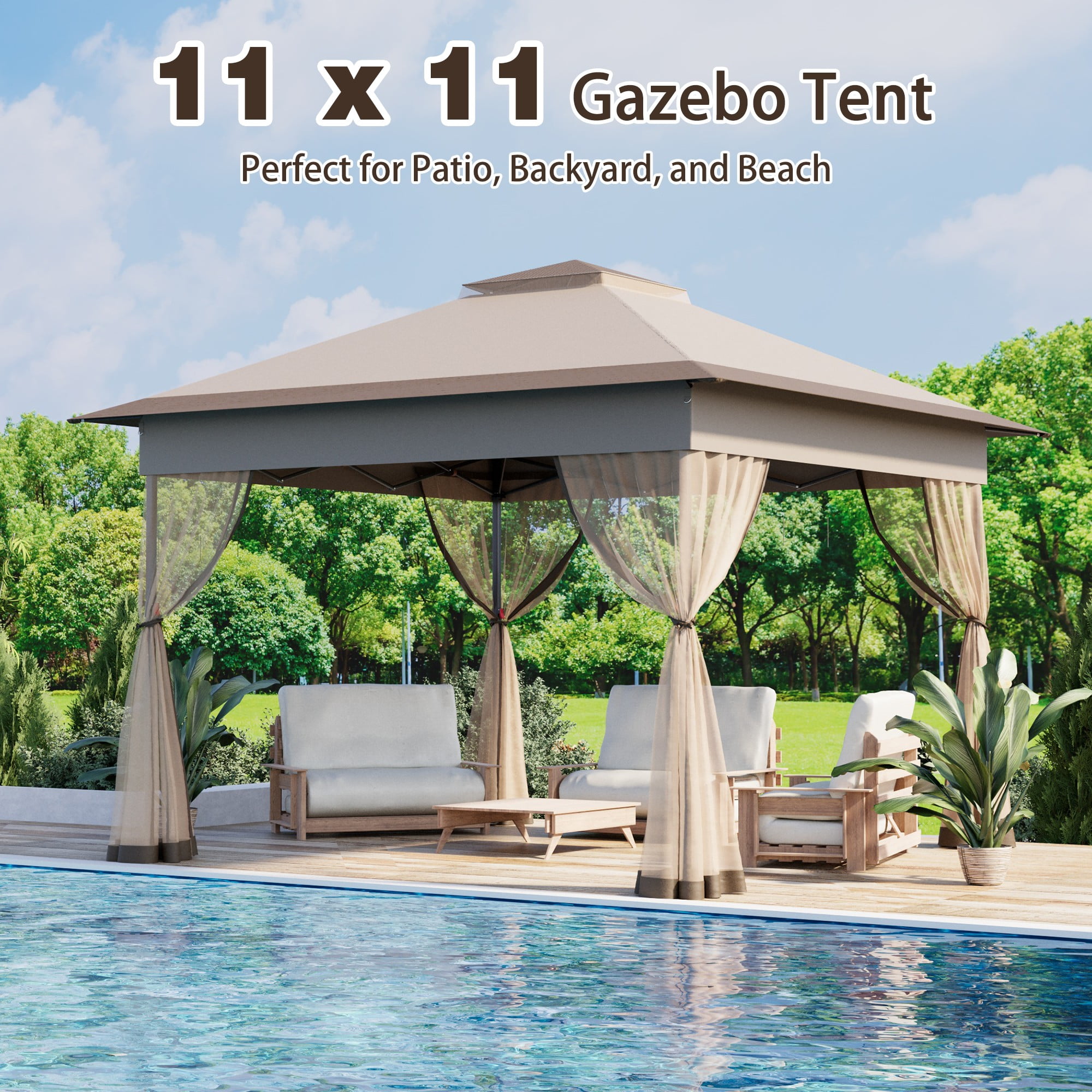 Bezseller 11x11 Pop up Gazebo, Outdoor Waterproof Canopy Tent with Mosquito Netting for Outdoors, Khaki