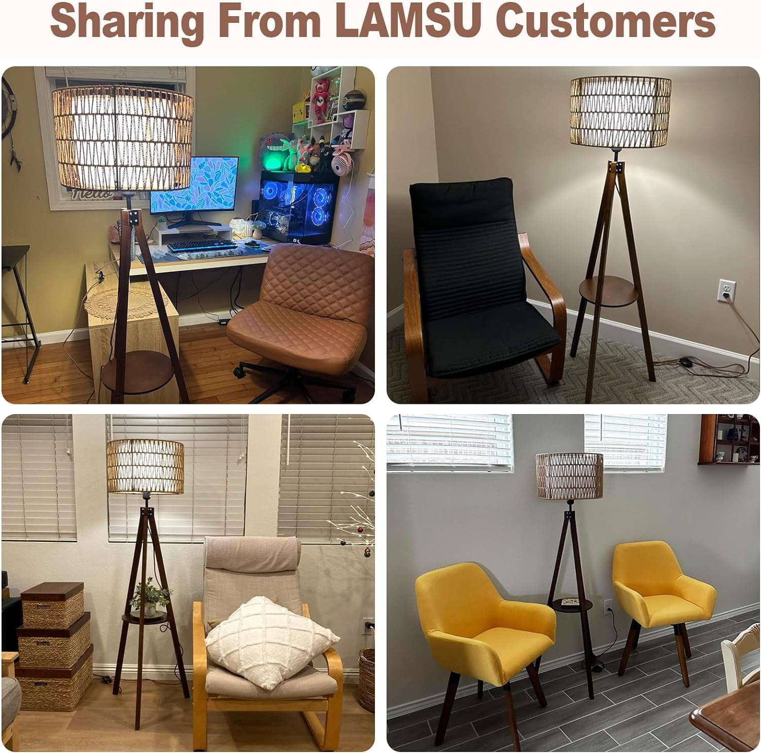 Yesfashion Wood Tripod Floor Lamp With Shelves, Tall Standing Light With ON/Off Foot Switch, Rattan & Fabric Shades, Farmhouse Corner Floor Lamp For Living Room Office Bedroom