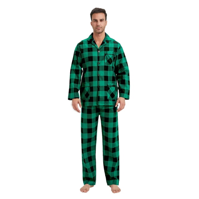 Apparonia Conjunto de Pijamas para Hombre Pijamas de Algodón con Cuello con Muescas para Hombre Ropa de Dormir de Manga Larga para Hombre con Bolsillos y Parte Delantera Fly Cuadros Verde Navidad L