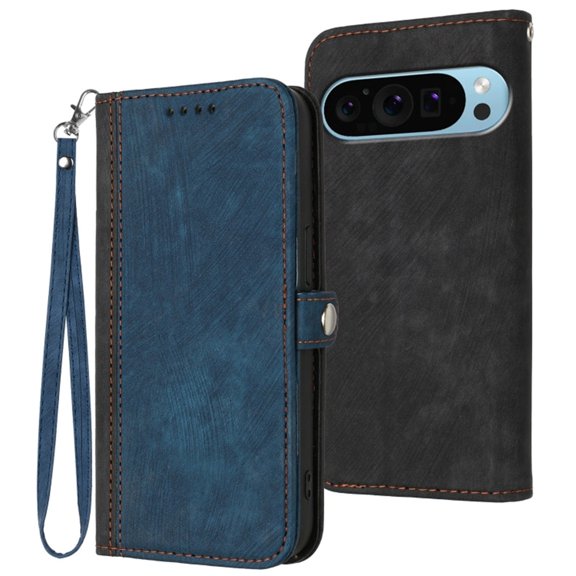 Leather For Google Pixel 9 / Pixel 9 Pro Case, Flip Wallet Leather Case With Card Holder Magnetic Closure Shockproof Kickstand Protective Phone Cases Cover With Hand Strap,Blue