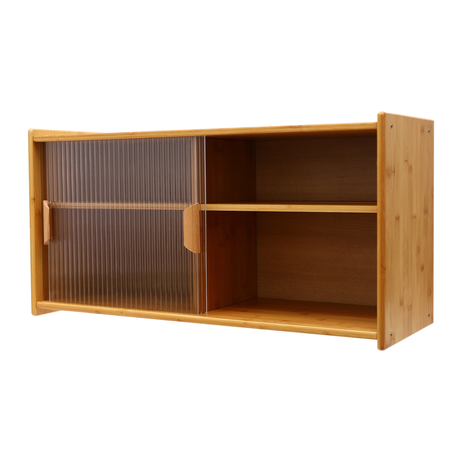 Kitchen Pantry Cabinet, Wall Mounted Bamboo Pantry Sideboard Wood Small 2-Tier Countertop Storage Cabinet with Sliding Glass Door Food & Utensils Cupboard for Dining Room, Home