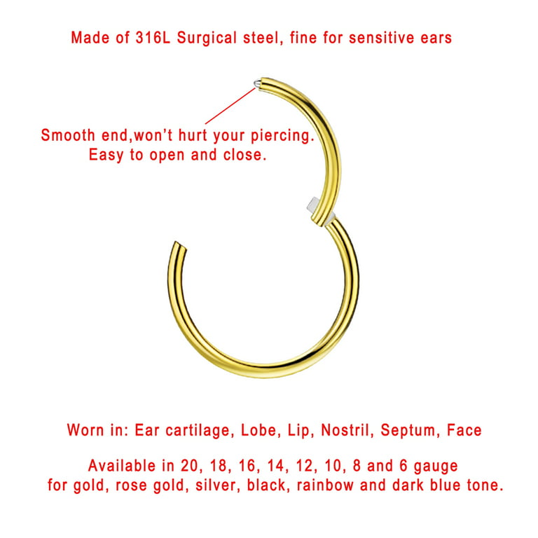 Surgical Steel Nose Hoop Hinged Cartilage Earring Hoop 18g Nose Ring Gold  Plated Nose Rings 9mm 18 Gauge Piercing Earring Hoop for Rook Helix Daith  Tragus Seamless