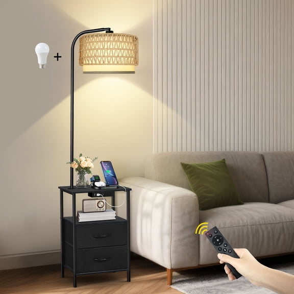 OUTONLIFE Floor Lamp with Table for Bedroom Living Room, End Table with 2 Drawers , Lamp with USB Port and Outlet, 3 Color Led Bulb Included, Black