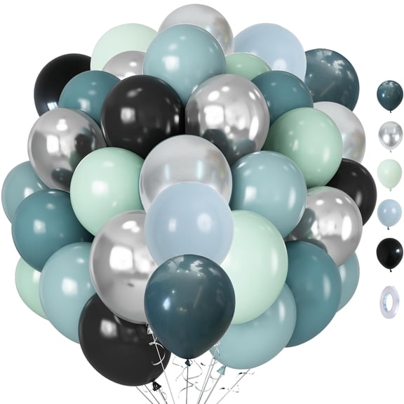 Dusty Blue and Black Balloons, 60pcs 12 Inch Blue Black Metallic Silver Latex Balloons for Boys Birthday Baby Shower Anniversary Graduations Party Decorations