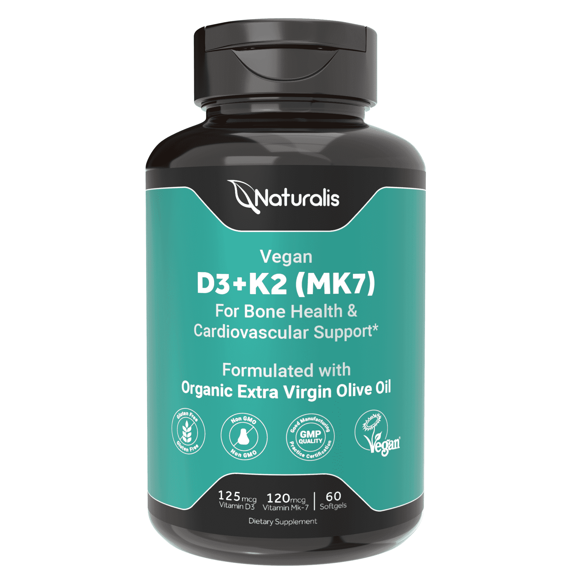 Naturalis Vegan Vitamin D3+K2 from Algae | 5000 IU D3 with 120mcg MK7 | Vegan Society Certified,Sustainably Sourced,Better Than Animal Derived | Better Support for Bone & Immune Health* | 60 Softgel
