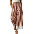 thumbnail image 2 of Wovilon Women's High Waist Drawstring Wide Leg Pants with Pockets, Striped Casual Lounge Trousers, Lace Trim Relaxed Fit Full Length Bottoms for Summer Beach Vacation, 2 of 9