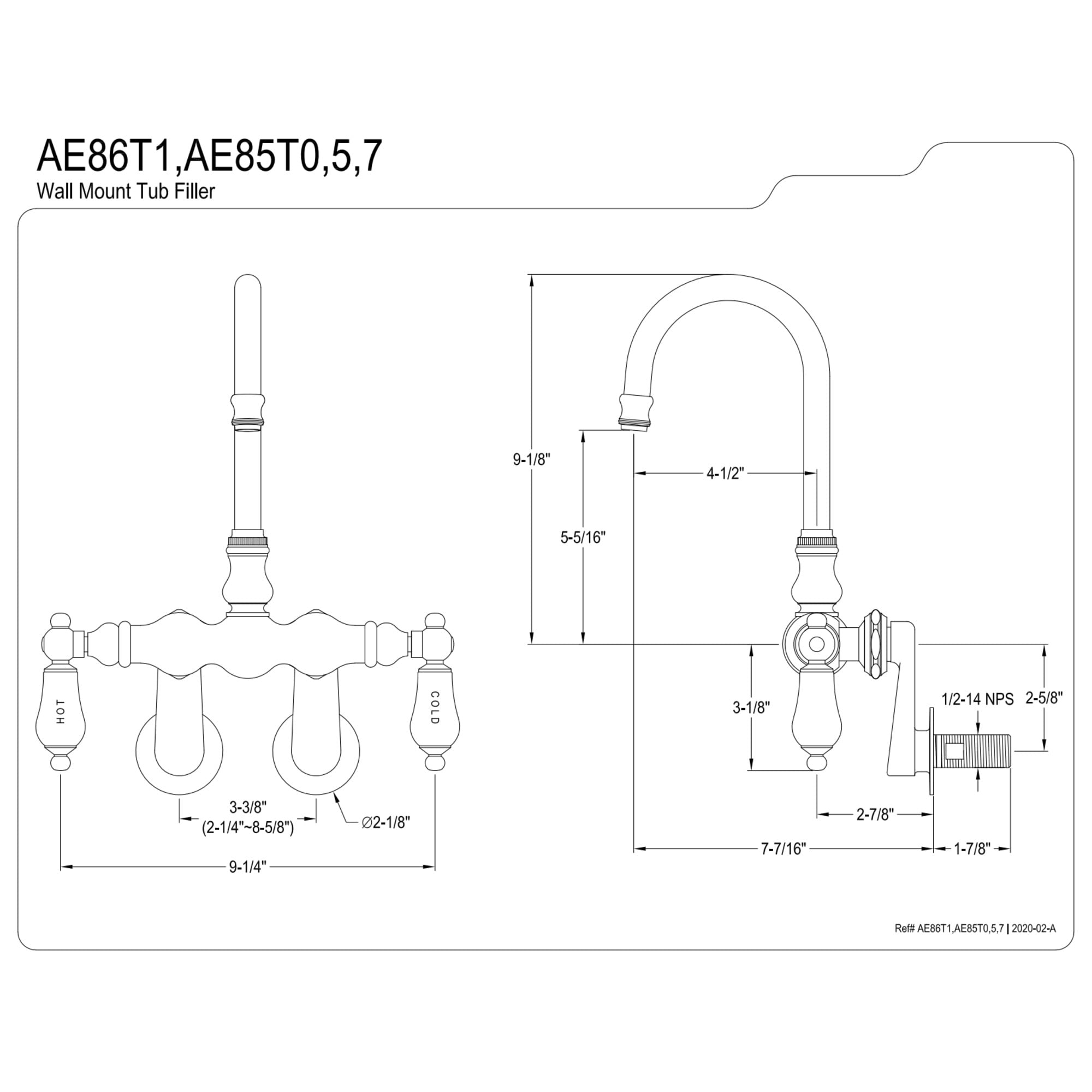 Kingston Brass AE85T7 Aqua Vintage Adjustable Center Wall Mount Tub Faucet, Brushed Brass
