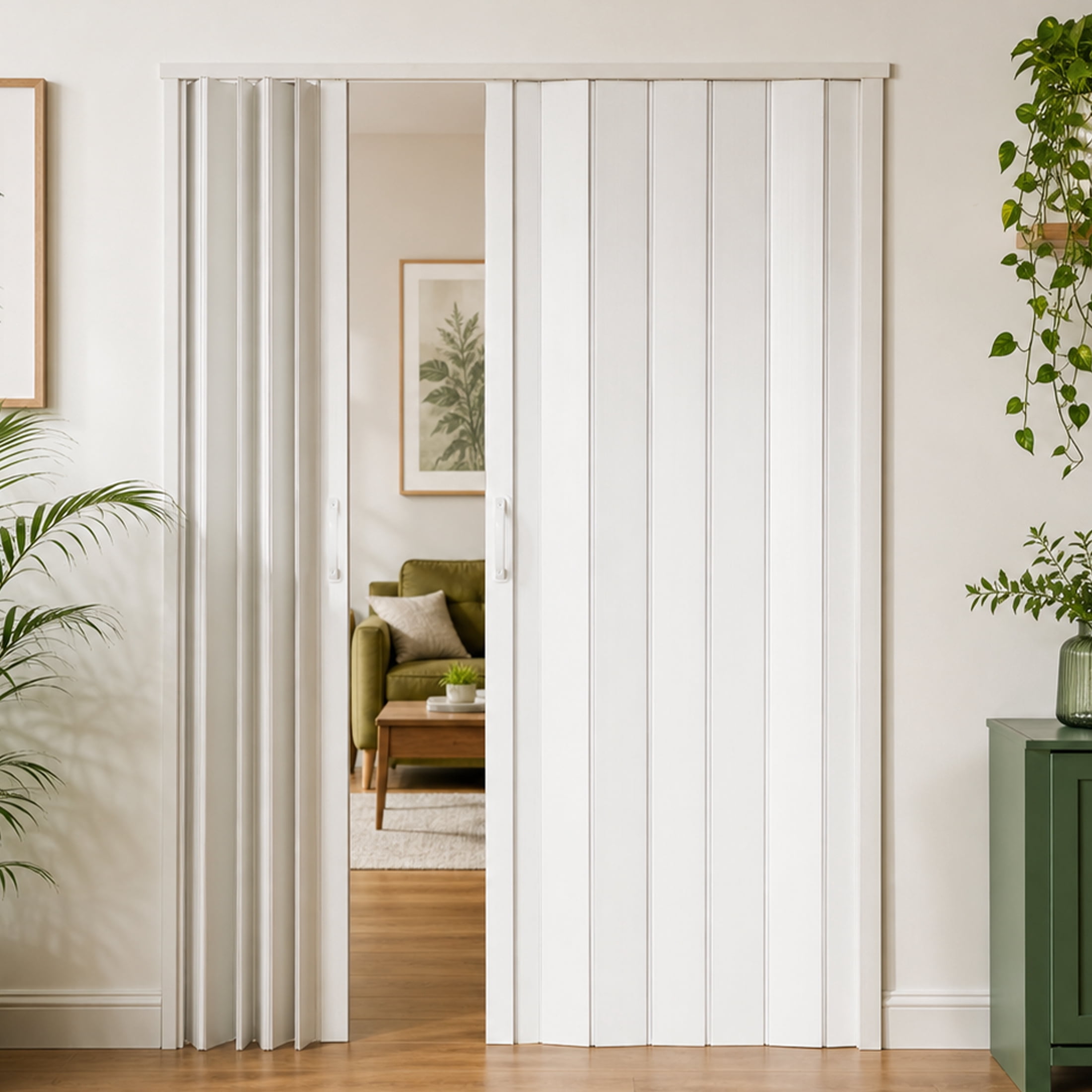 59x77-Inch PVC Accordion Folding Door with Double Opening and Quiet Rollers, Heavy Duty Room Divider and Closet Door for Bedroom Laundry Room, White