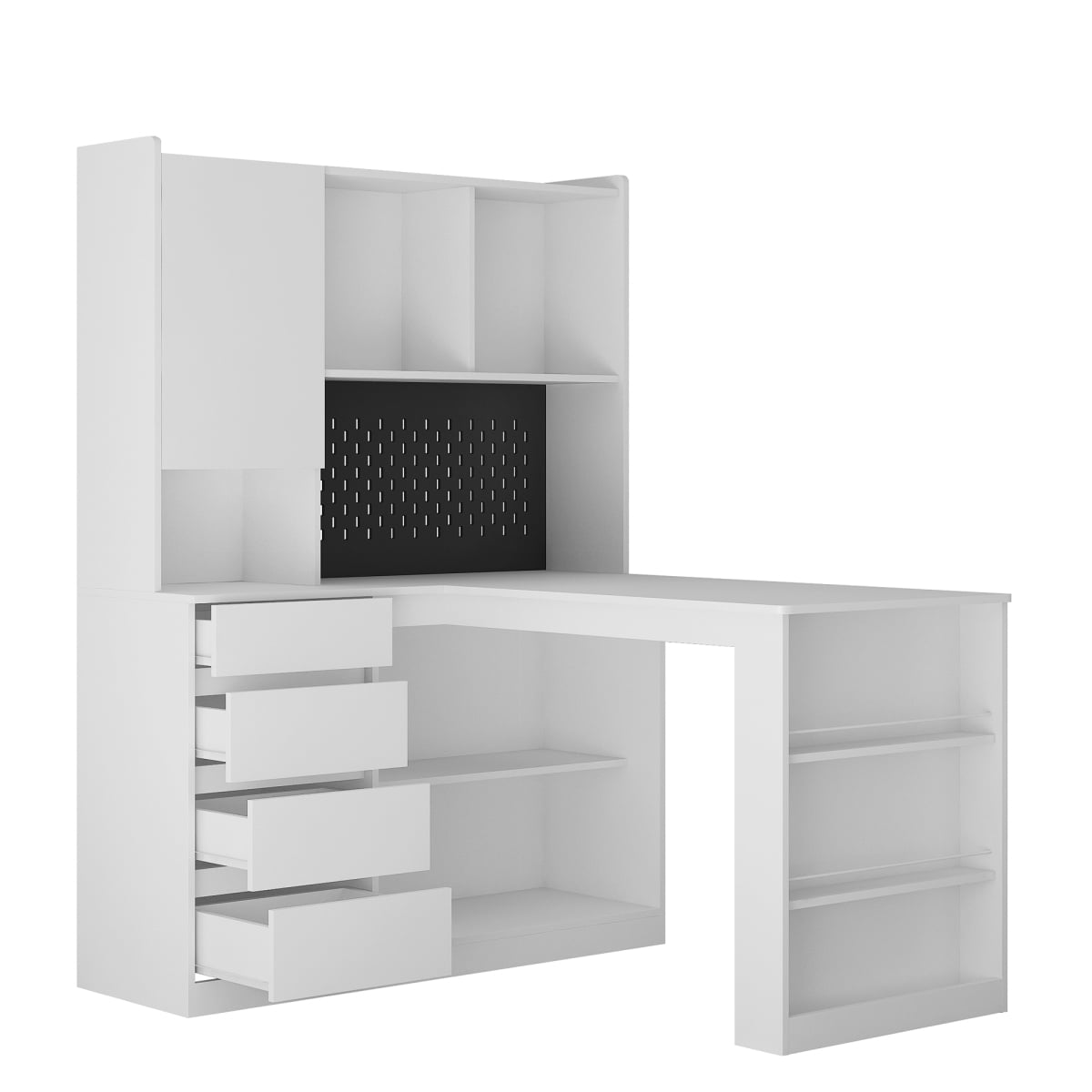 GZXS L-Shaped Computer Desk with Charging Station, LED Light, Pegboard, 4 Drawers & Open Shelves - 56" Modern Corner Desk for Home Office, Study, Work, White
