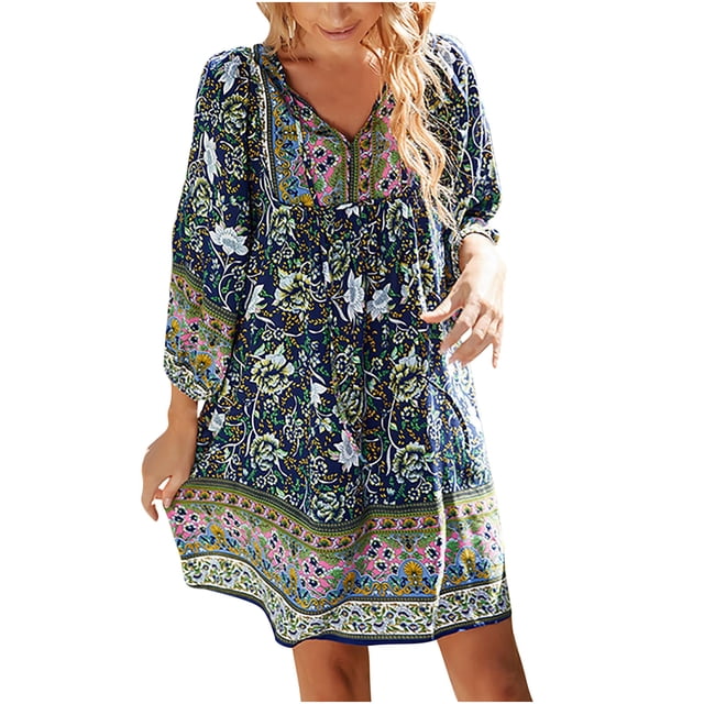 Robe à Manches 3/4 pour Femmes Mode Bohème Col en V Ample Imprimé Mini Longueur