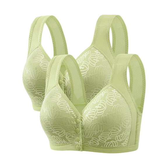 Tumotour Front Open Bras For Women Middle Button Pattern Wireless Non-Steel Ring Gathered Push Up Breathable Underwear Solid Color Soft Comfortable Comfy Soft Cotton Daily Bras 2Pcs