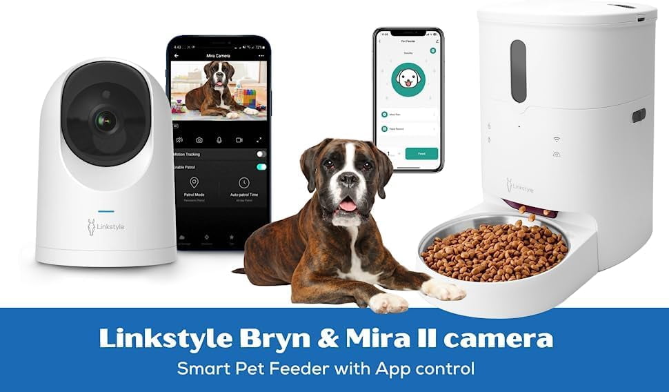 LINKSTYLE BRYN Automatic Cat Feeder with Camera, Smart WiFi Pet Feeder App Control, 2K Indoor Security Camera with Motion Tracking, Two-Way Audio Night Vision, Dog Cat Food Dispenser Bundle