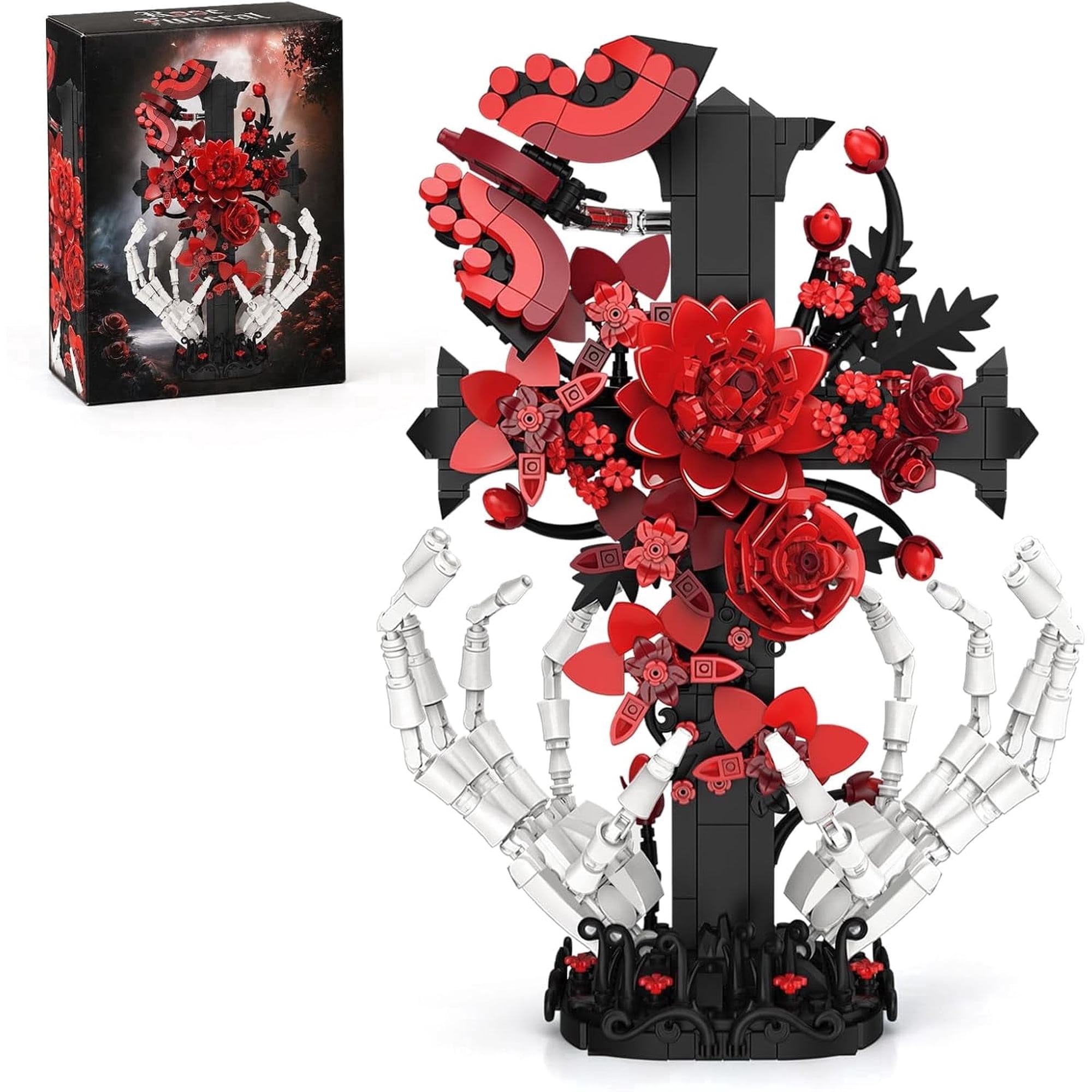 Gothic Cross Roses Building Set, Skeleton Hands with Flowers Botanical Collection Kit for Adults Women, Horror Goth Decor for Home Office, Gift for Her for Birthday/Halloween/Valentines Day/Christmas