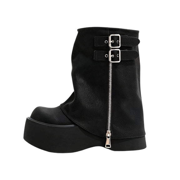 EKVAHL Women's Buckle Mid‑Calf Boots, Faux Leather Decorative Strap Moto Boots, Chunky Low Heel Round Toe Casual Boots Black