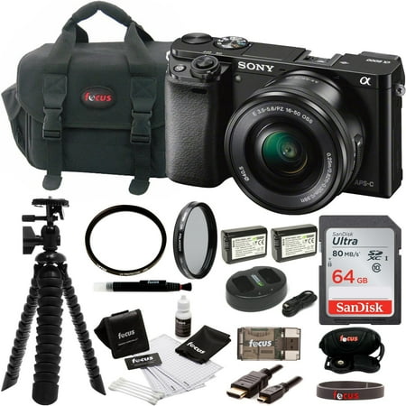 Sony Alpha a6000 Mirrorless Camera w/ 16-50mm Lens (Black) + 64GB SD Card + Accessory Bundle