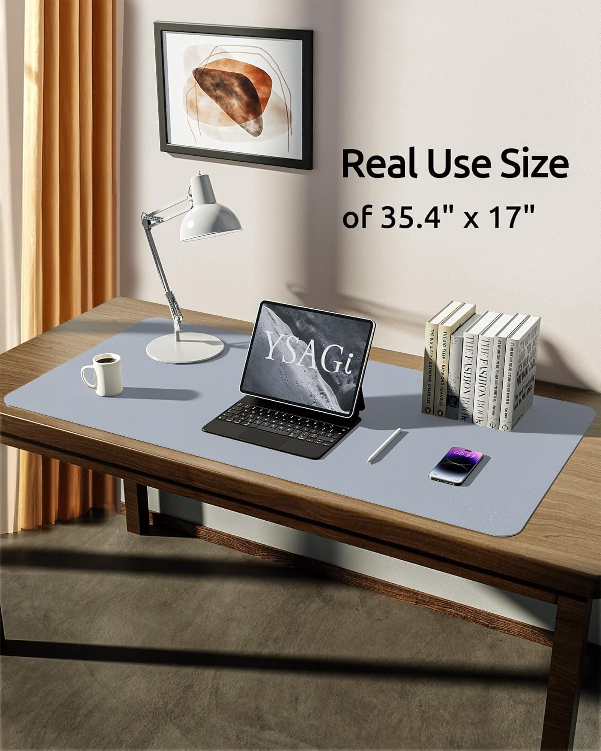 Leather Desk Pad Protector, Office Desk Mat, Large Mouse Pad, Non-Slip PU Leather Desk Blotter, Laptop Desk Pad, Waterproof Desk Writing Pad for Office and Home (Light Grey, 35.4" x 17")