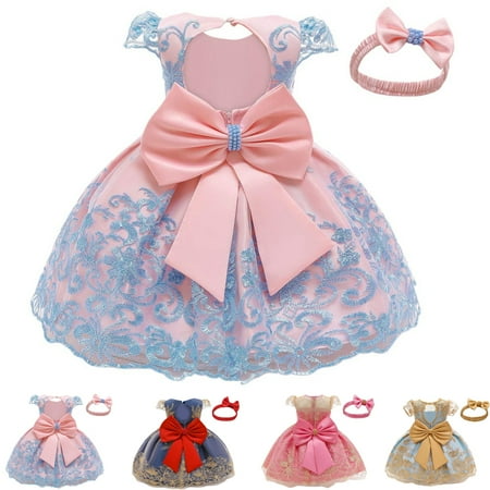 

0-24M Baby Girls Pageant Lace Embroidery Dresses Toddler Party Bowknot Tutu Gown Dress with Headwear